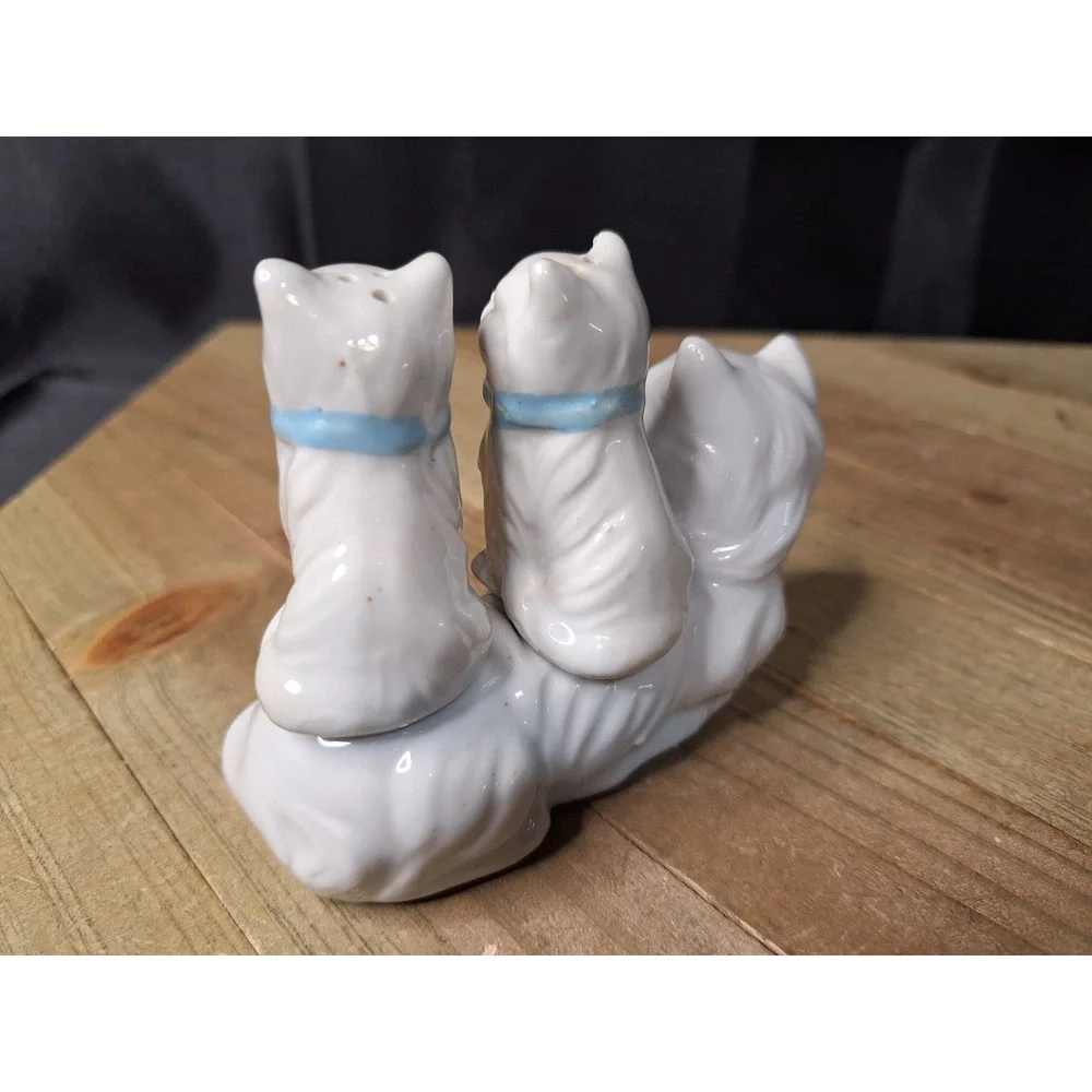 Vintage White Ceramic Cat Family Salt and Pepper Shaker Set Blue Bows 3 Piece